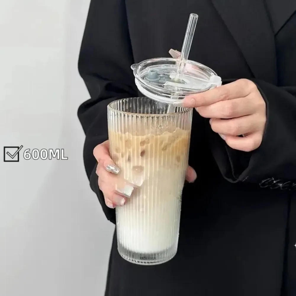 كوب زجاجي مخطط 600 مل مع غطاء وقش أكواب شرب شفافة لمياه العصير وأكواب القهوة المثلجة وأدوات الشرب - الصورة 2