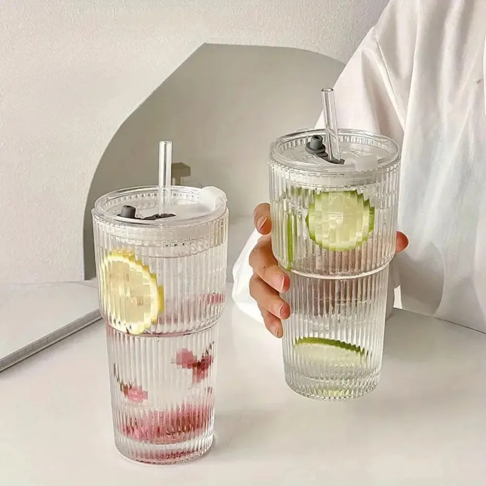 كوب زجاجي مخطط 600 مل مع غطاء وقش أكواب شرب شفافة لمياه العصير وأكواب القهوة المثلجة وأدوات الشرب