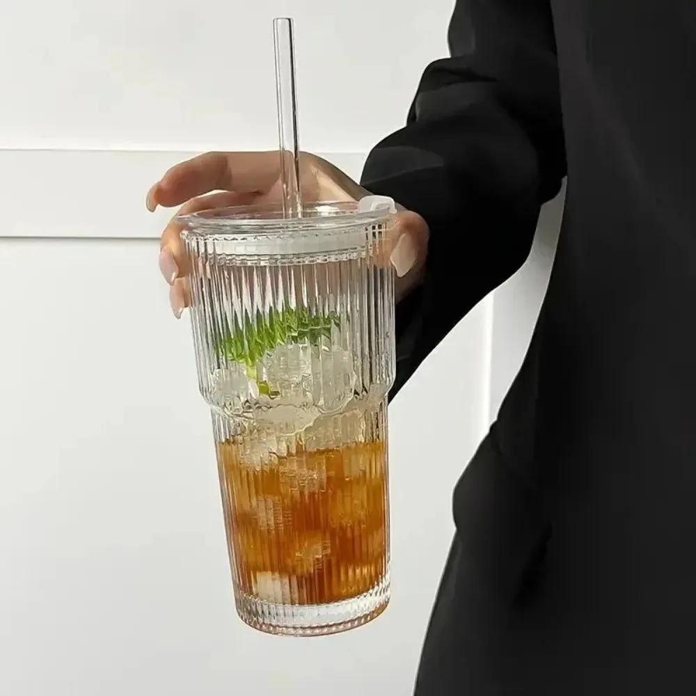 كوب زجاجي مخطط 600 مل مع غطاء وقش أكواب شرب شفافة لمياه العصير وأكواب القهوة المثلجة وأدوات الشرب - الصورة 6