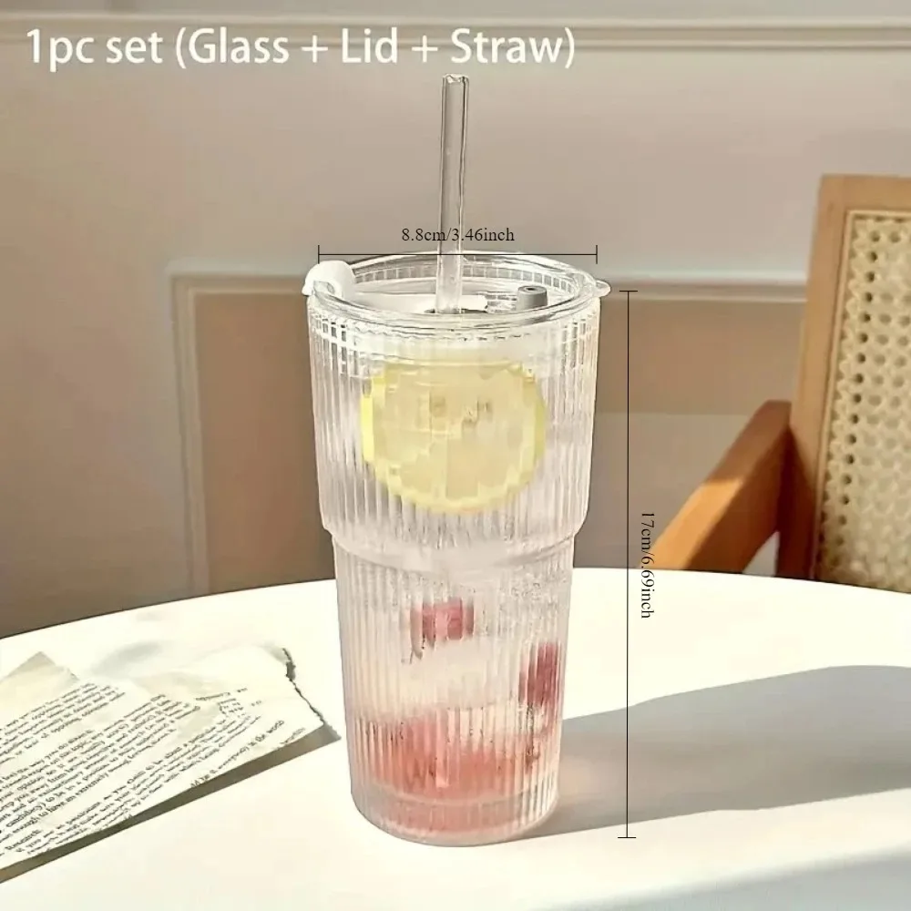 كوب زجاجي مخطط 600 مل مع غطاء وقش أكواب شرب شفافة لمياه العصير وأكواب القهوة المثلجة وأدوات الشرب - الصورة 5